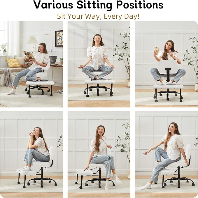 Criss Cross Legged Office Chair with Wheels,Swivel Meditation Chair for ADHD,Ergonomic Desk Chair with Thicken Adjustable Footstool,Fabric Sitting Fidgeting Kneeling Chair for Home Yoga Offwhite