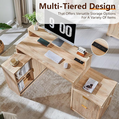 JXQTLINGMU 67" Modern L Shaped Desk with Storage Cabinet & Drawers, Wood Home Office Desk with Power Outlets, Fluted Computer Writing Desk, Oak