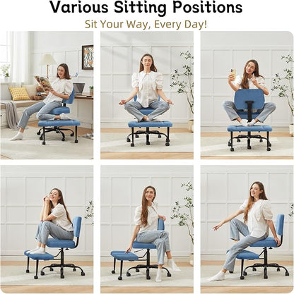 Criss Cross Legged Office Chair with Wheels,Swivel Meditation Chair for ADHD,Ergonomic Desk Chair with Thicken Adjustable Footstool,Fabric Sitting Fidgeting Kneeling Chair for Home Yoga Blue