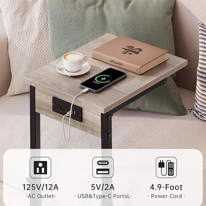 Vagusicc C Shaped End Table with Charging Station, Adjustable Height Side Table for Couch, C Table End Table Couch Table that Slide Under, Sofa Table TV Tray Arm Tables for Living Room, Bedroom, Gray