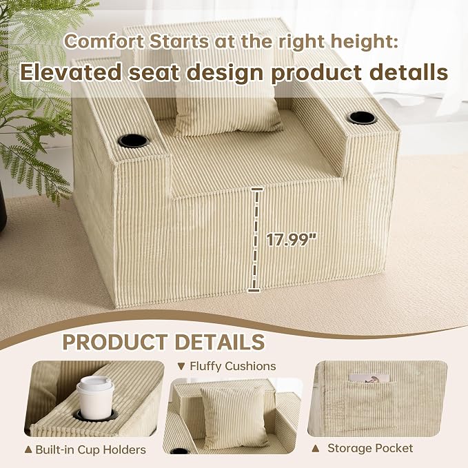 Cloud Single Sofa,Chaise Lounge Chair with Cup Holder & Side Pocket,Elevated Seat Height,No Assembly Required,Boneless Corduroy Chair for Small Space,Bedroom,Office (Khaki, Single Sofa)