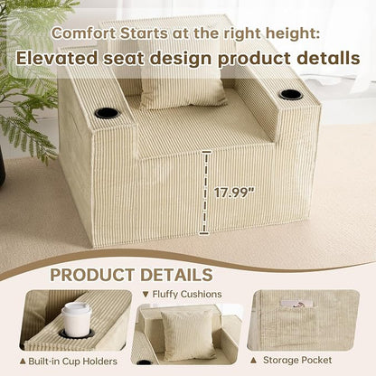 Cloud Single Sofa,Chaise Lounge Chair with Cup Holder & Side Pocket,Elevated Seat Height,No Assembly Required,Boneless Corduroy Chair for Small Space,Bedroom,Office (Khaki, Single Sofa)