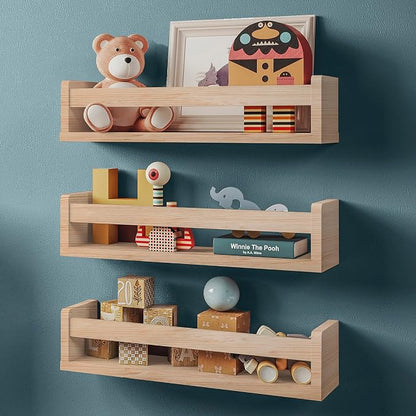 NATURE SUPPLIES Nursery Book Shelves, Set of 3 Floating Bookshelves for Wall for Nursery Decor & Playroom Decor, Bookshelf Kids, Baby Book Shelf Organizer (Natural Wood)