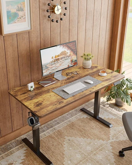 DESINO Standing Desk, 63 × 28 Inches Electric Height Adjustable, Sit and Stand Up, Computer Office Desk with Splice Board, Black Frame/Rustic Brown TOP