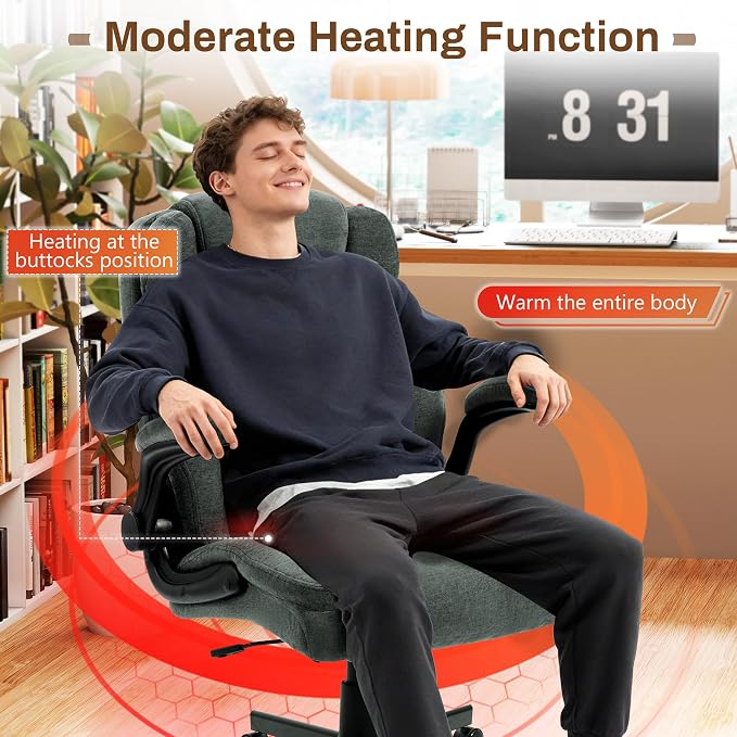 Massage Office Chair,500LBS Ergonomic Rocking Executive Desk Chairs with 4 Points Vibration&Heat,Padded Flipup Armrests for Big and Tall Office Chair,Swivel Computer Chair Fabric DarkGreen