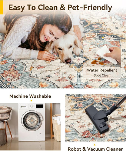RELEANY Area Rugs Round 5ft Washable Non-Slip, Floral Vintage Distress Medallion Carpet for Living Room Bedroom Dining Room, Beige Navy Blue Orange Colorful