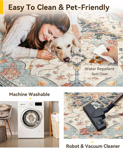 RELEANY Area Rugs Round 6ft Washable Non-Slip, Floral Vintage Distress Medallion Carpet for Living Room Bedroom Dining Room, Beige Navy Blue Orange Colorful