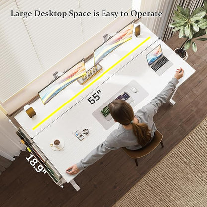 DurayLoly 55 Inch White Computer Desk with LED Lights, Office Desk with Storage Bag for Home Office, Gaming Desk with Headphone Hook for Study Writing Work Desk,Sturdy Metal Frame