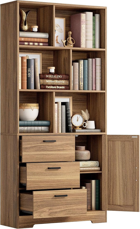 IRONCK Bookshelf, 70.9 Inch Tall Bookcase, Book Shelf with Doors and 3 Drawers, 3-Tier Bookshelves with 6 Open Cubes for Home Office, Living Room, Study