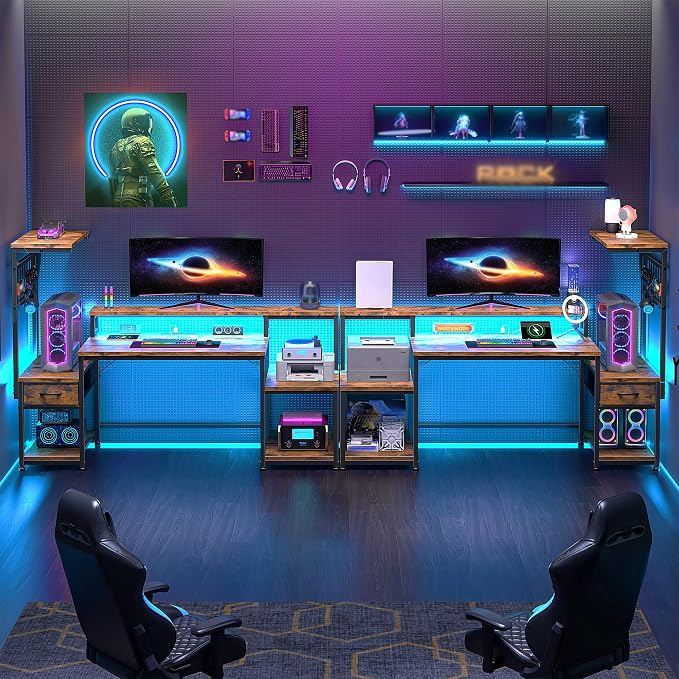 DurayLoly 55" Computer Desk with LED Lights & Outlets,Office Desk with Drawers & Monitor Stand,Gaming Desk with 3 Storage Shelves, Hooks& Printer Space for Game&Study Room,Home Office,Bedroom,Brown
