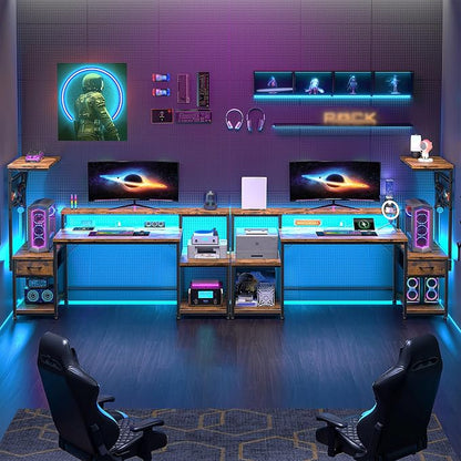 DurayLoly 55" Computer Desk with LED Lights & Outlets,Office Desk with Drawers & Monitor Stand,Gaming Desk with 3 Storage Shelves, Hooks& Printer Space for Game&Study Room,Home Office,Bedroom,Brown