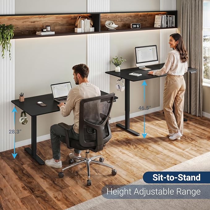 Techni Mobili 48” W Electric Standing Desk, Height Adjustable Sit-to-Stand Desk with 3 Memory Presets and Dual Accessory Hooks, Computer Workstation for Home or Office (Black)