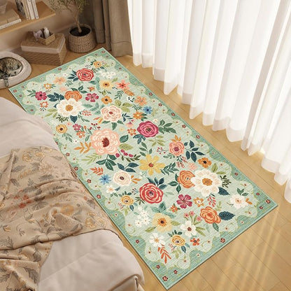 DUKINO 3x6 Runner Rug, Washable Soft Floral Hallway Runner Rug with Non Slip, Low Pile Thin Floor Carpet for Kitchen, Bathroom, Entryway, Laundry, Entryway, Green