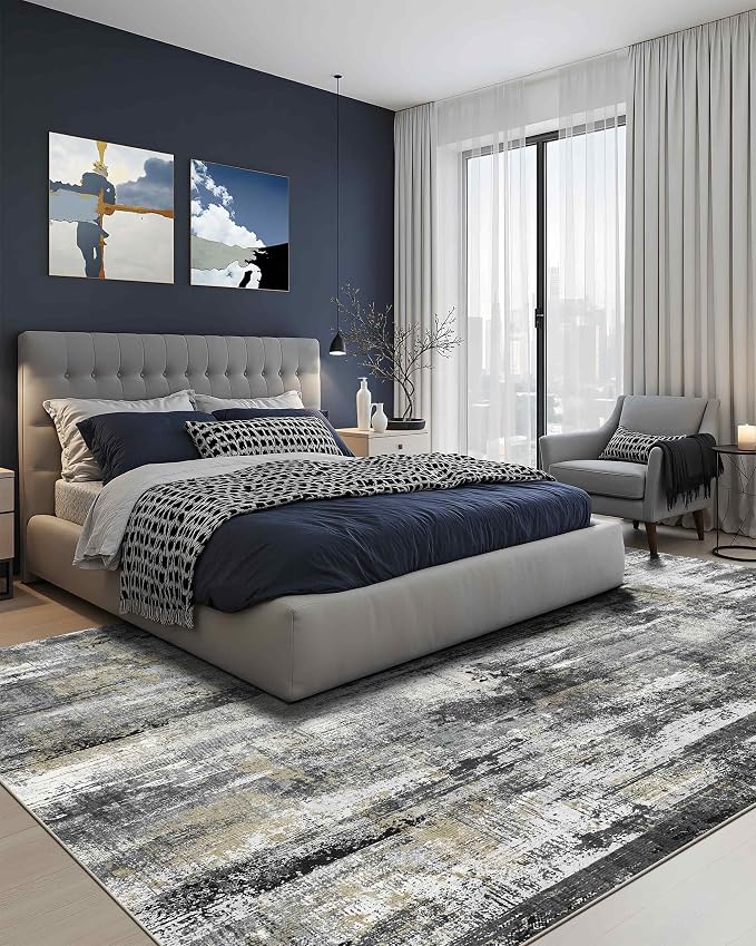 Latte&Fog 8x10 Area Rugs for Living Room, Large Black Modern Abstract Washable Rug, Boho Non Slip Low Pile Carpet for Indoor Bedroom Dining Room, Office, Dorm, Classroom, Farmhouse and Kids Room