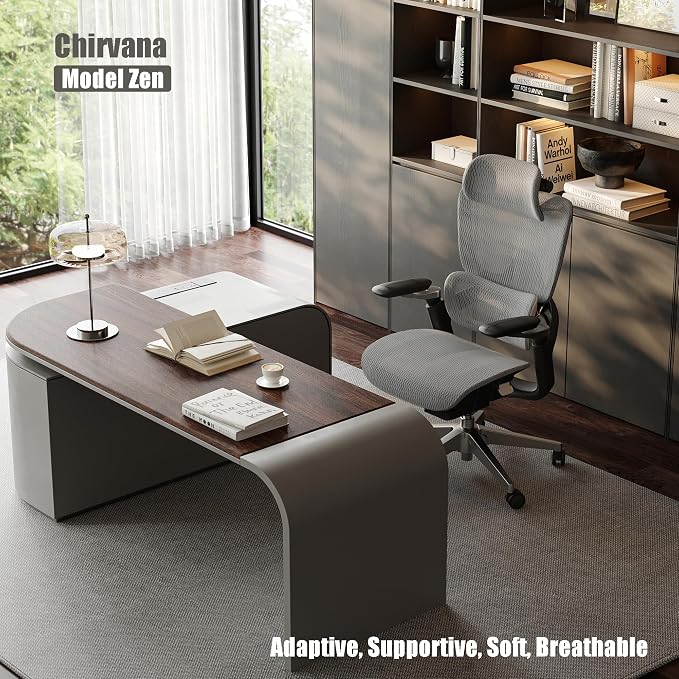 Ergonomic Office Chair, Mesh Computer Chair with 3D Lumbar Support, Home Desk Chair with 5D Armrests, 4D Headrest, 90-130°Tilt, BIFMA Certified, Model Zen (Grey)