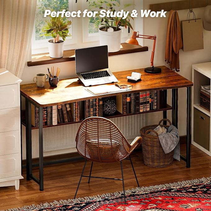 Huuger Folding Desk with Storage Shelf, 47.2 Inch Foldable Computer Table for Small Spaces, Space Saving Sofa Table for Couch, Writing Work Office Computer Desk, Easy to Fold, Rustic Brown