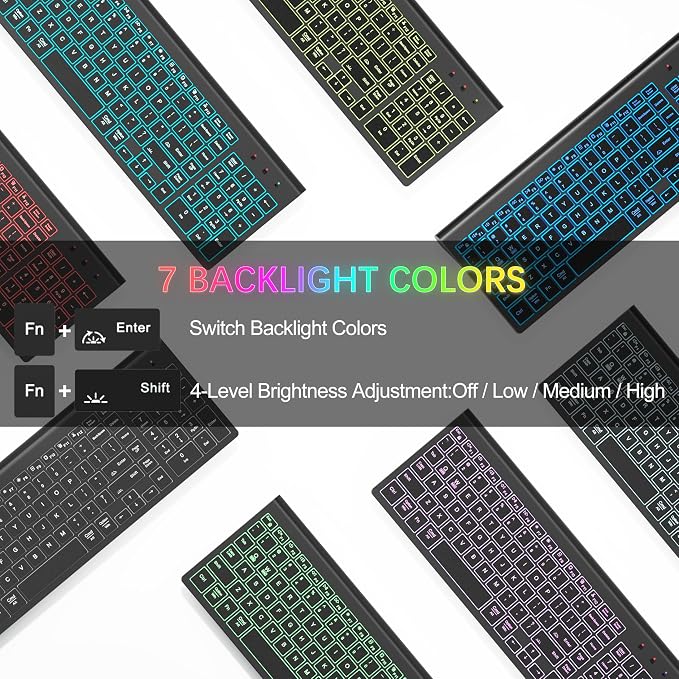 Wireless Backlit Keyboard and Mouse Ultra Slim Combo, TopMate 2.4G Silent Compact 2400DPI Mouse and Scissor Switch Keyboard Set, Batteries Included, for PC/Laptop/Windows/Mac/Gaming - BL Matte Black