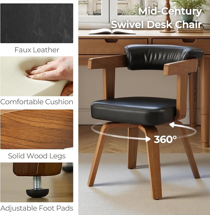 Art Leon Home Office Desk Chair - Mid Century Modern Chair, Faux Leather Office Chair No Wheels, Comfy Accent Arm Chair with Wood Legs for Small Spaces Living Room Bedroom Study, Black/Walnut