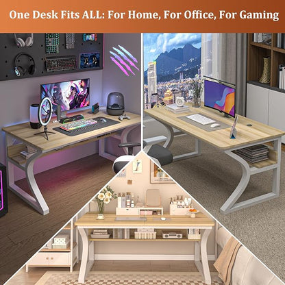 55 inch Computer Desk, Home Office Desk with Storage Shelf, Sturdy U-Shaped Metal Frame Study Table with Cable Management, Gaming Desk for Office & Bedroom (Light Walnut, 55inch)