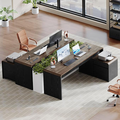 Mid-Century Modern 78" L-Shaped Executive Desk with Independent Mobile File Cabinet, Large Home Office Desk with Drawers and 4 AC + 2 USB Power Outlets, Waterfall Edge Design, Black