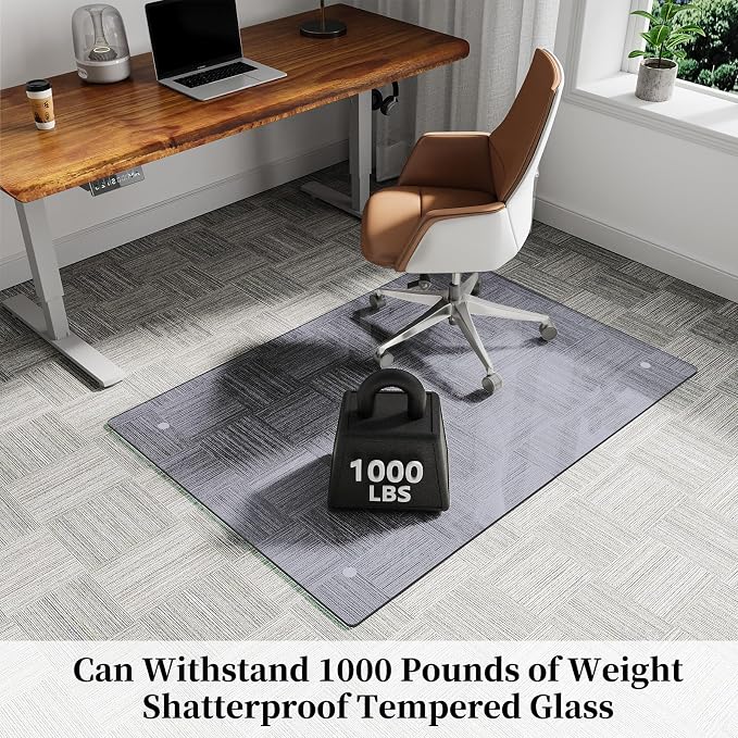 Glass Chair Mat 30" x 48" Heavy Duty Tempered Glass Office Chair Mat, Glass Floor Mat with Round Corner and Polished Edge for Smooth Glide, Carpet Floor Protector, Grey