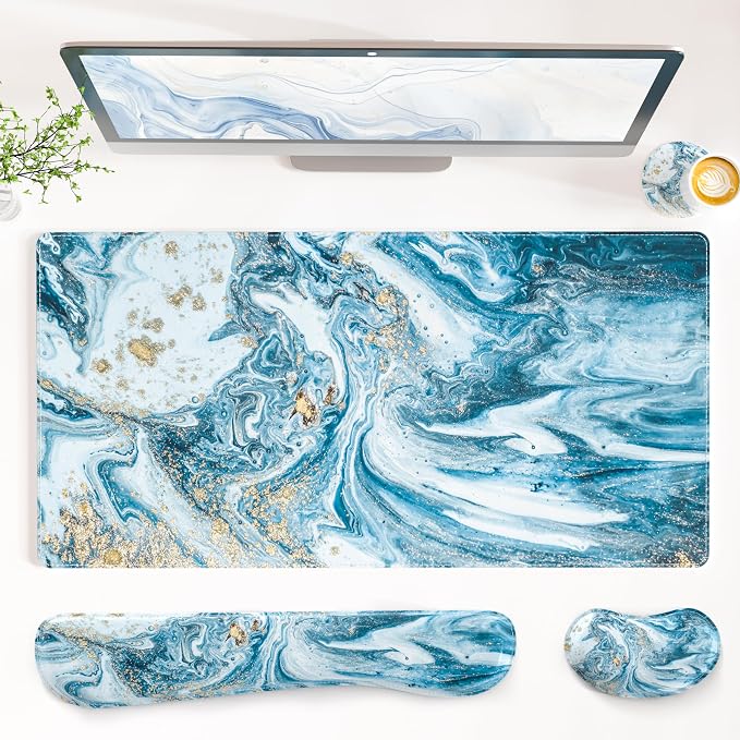 QIYI Leather Desk Mat Set, 4-in-1 Large Mouse Pad with Ergonomic Wrist Rest, Waterproof Desk Pad + Keyboard Wrist Rest + Mouse Wrist Support + Coaster, Non-Slip Office Gaming Accessories, Blue Marble
