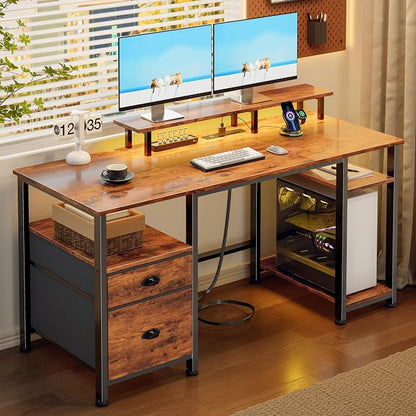 Furologee 51" Computer Desk with Power Outlet and LED Lights, Reversible Home Office Desk with File Cabinet & Monitor Stand, Large Gaming Table with Storage Shelves & Drawer, Rustic Brown