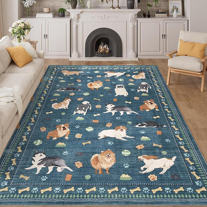 DUKINO 6x9 Rug for Living Room, Lightweight Animal Dog Print Washable Area Rug, Soft Non Slip & Low Pile Floor Mat, Stain Resistant Large Carpet for Bedroom, Nursery, Dining Room, Kids Playroom, Blue