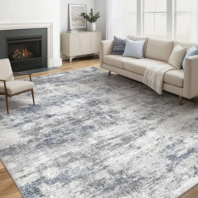 6x9 Area Rug Living Room: Washable Large Abstract Neutral Modern Soft Rugs Stain Resistant Indoor Floor Non-Slip Accent Carpet for Bedroom Nursery Playroom Office Dining Room Home Decor- Blue Gray