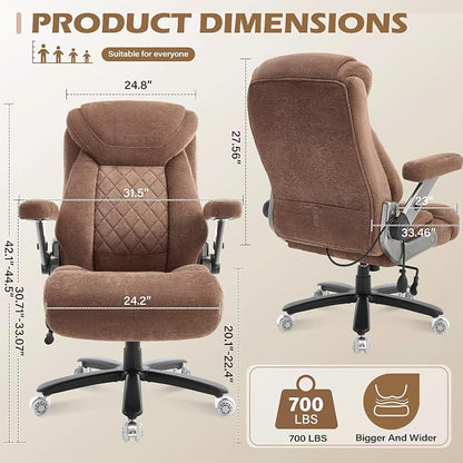 Fabric 700lbs Big and Tall Office Chair, Ergonomic Heavy Duty Executive Cloth Office Chair with 5D Flip Arms & Adjustable Lumbar Support & Dual Rubber Wheel, Large Thick Padded Extra Wide Seat, Brown