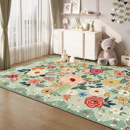 DUKINO 5x8 Area Rug for Living Room, Washable Lightweight Non Slip Floral Bedroom Rug with Non Shedding Design, Soft Low Pile Large Indoor Carpet for Dining Room, Kids Playroom, Nursery, Office, Green