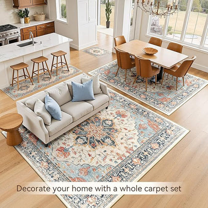 RELEANY Area Rugs 6'x9' Washable Non-Slip, Floral Vintage Distress Medallion Carpet for Living Room Bedroom Dining Room, Beige Navy Blue Orange Colorful