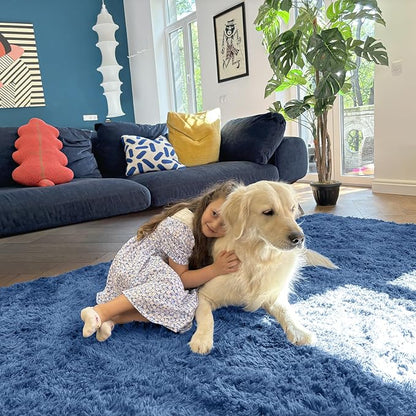 OLANLY 2x5 Machine Washable Runner Rugs for Hallway, Soft Fluffy Shaggy Bedside Rugs for Bedroom, Living Room, Indoor Floor Carpet for Kids Girls and Boys, Home Decor Aesthetic, Blue