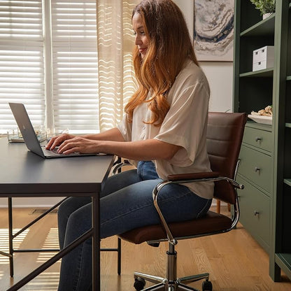 Martha Stewart Piper Swivel Task Chair with Armrests for Home Office in Saddle Brown Faux Leather with Polished Nickel Frame