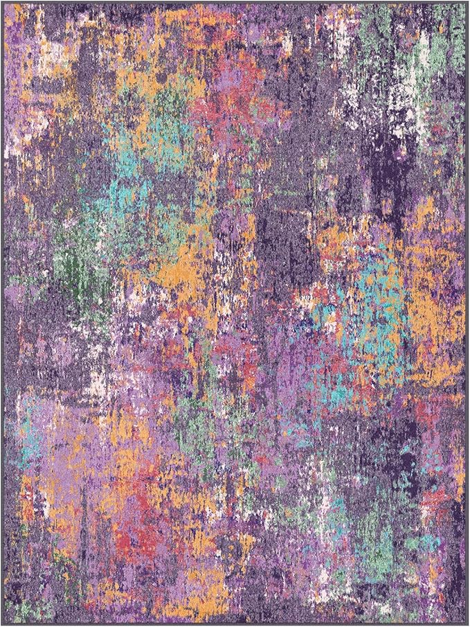 RELEANY Washable Area Rugs 5'x7' Non-Slip Modern Abstract Soft for Living Room Entryway Bedroom Kitchen, Print Pattern, Purple Orange Blue Green Rust Red Colorful