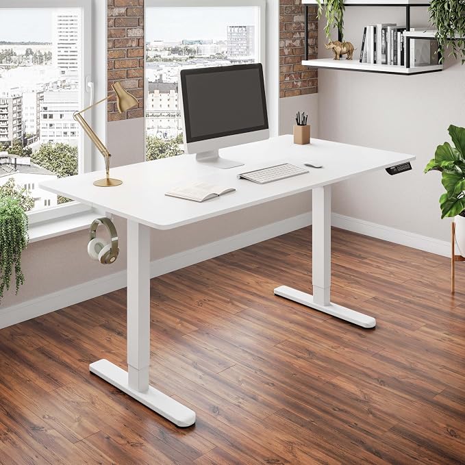 Techni Mobili 48” W Electric Standing Desk, Height Adjustable Sit-to-Stand Desk with 3 Memory Presets and Dual Accessory Hooks, Computer Workstation for Home or Office (White)