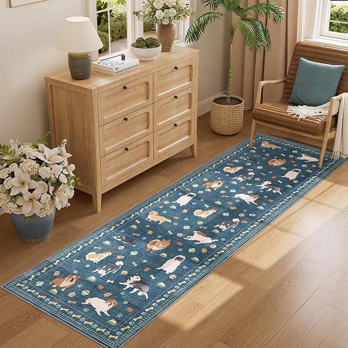 DUKINO 2.6x8 Washable Runner Rug for Hallway, Non Slip Animal Dog Kitchen Rug with Low Pile Design, Ultra Soft & Stain Resistant Indoor Carpert Runner for Entryway, Bedroom, Laundry, Bathroom, Blue