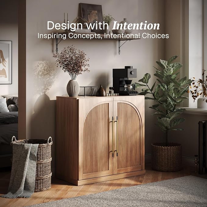 BELLEZE 32.5" Accent Cabinet with Adjustable Shelves, Kitchen Storage Cabinet with Fluted Arched Design,Modern Credenza with Gold Handles for Entryway,Living Room,Dining Room - Camel