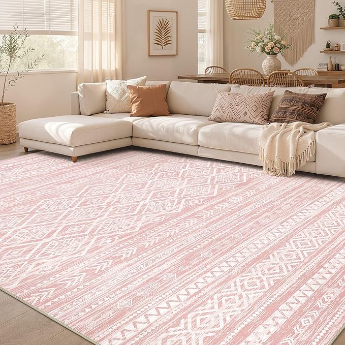 Nakagishi Area Rug Living Room Rugs: 5x7 Large Soft Machine Washable Boho Moroccan FarmNeutral Stain Resistant Indoor Floor Carpet for Bedroom Under Dining Table Home Office Decor-Pink