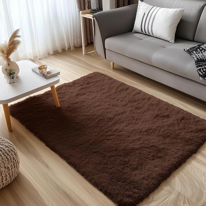 OLANLY 4x4 Machine Washable Accent Rug, Soft Fluffy Shaggy Area Rug for Bedroom, Living Room, Indoor Floor Carpet for Kids, Nursery, Home Decor, Coffee