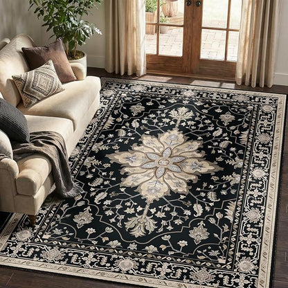 RELEANY Area Rugs 5'x7' Washable Non-Slip, Floral Vintage Distress Medallion Carpet for Living Room Bedroom Dining Room, Black Brown Neutral Dark Tan