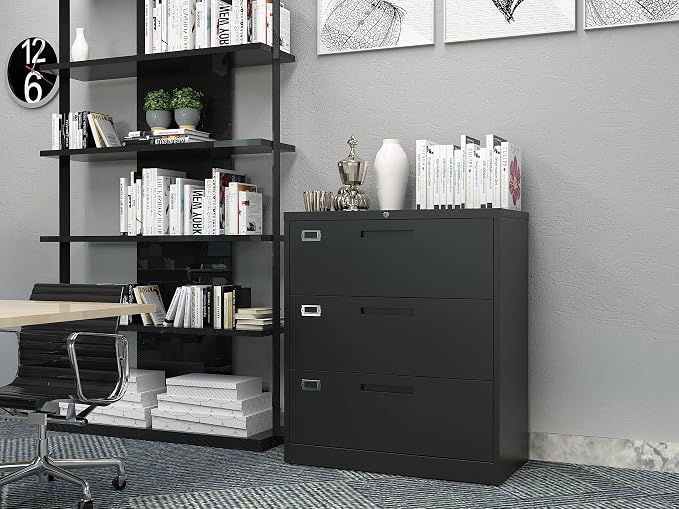 BYNSOE Lateral File Cabinet with Lock,Metal Filing Cabinet with 3 Drawer,Steel Lateral File Cabinet for Legal/Letter A4 Size,Wide File Cabinet for Office Home,Assembly Required