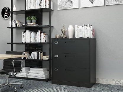 BYNSOE Lateral File Cabinet with Lock,Metal Filing Cabinet with 3 Drawer,Steel Lateral File Cabinet for Legal/Letter A4 Size,Wide File Cabinet for Office Home,Assembly Required