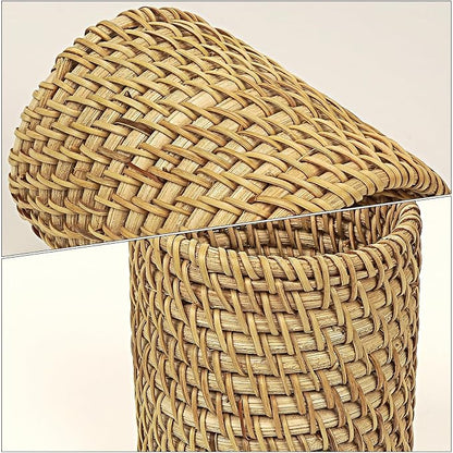Wicker Rattan Pencil Holder, Cylindrical Desk Organizer Cup, Natural Brown, for Office, Vanity, Kitchen, 1-Pack