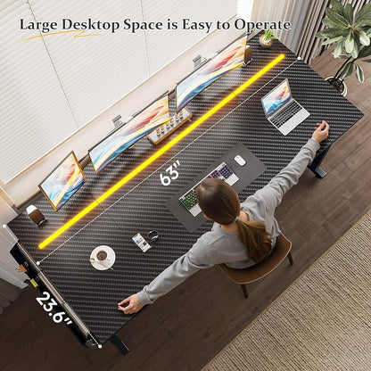 DurayLoly 63" Gaming Desk with LED Lights,Computer Desk with Storage Bag for Home Office, Long Desk with Headphone Hook for Study Writing Work Wood Desk,Sturdy Metal Frame,Bedroom,Black