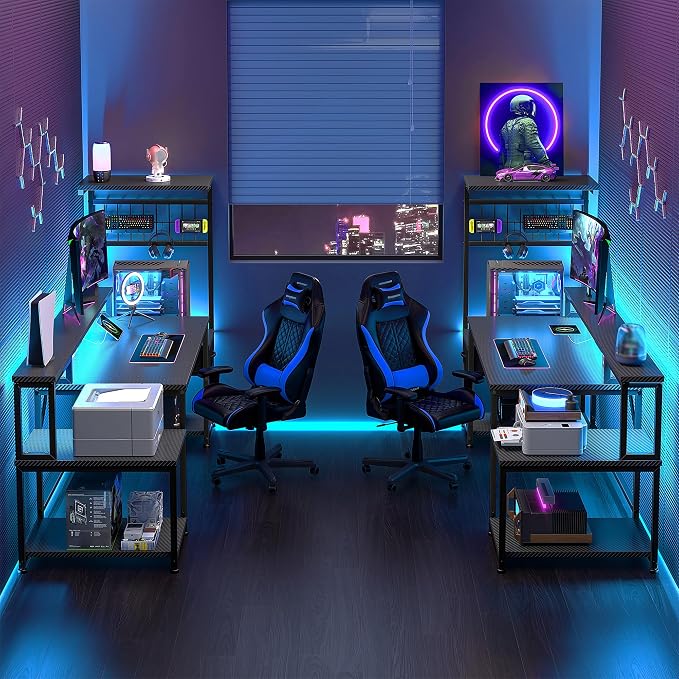 DurayLoly 63" Gaming Desk with LED Lights & Outlets,Computer Desk with Drawers & Monitor Stand,Gaming Table with 3 Storage Shelves, Hooks& Printer Space for Game&Study Room,Home Office,Bedroom,Black