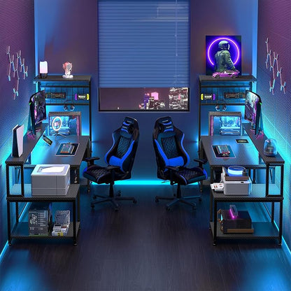 DurayLoly 63" Gaming Desk with LED Lights & Outlets,Computer Desk with Drawers & Monitor Stand,Gaming Table with 3 Storage Shelves, Hooks& Printer Space for Game&Study Room,Home Office,Bedroom,Black