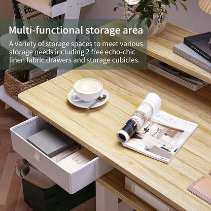 FEZIBO 63"x49" L Shaped Standing Desk with LED Strip & 2 Drawers, Upper and Lower Storage Shelves Available, Electric Height Adjustable, for Gaming, Office, Natural（2 Packages）