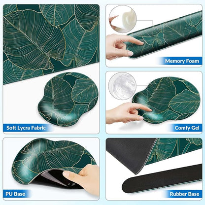 Desk Mat Set + Keyboard and Mouse Pad with Wrist Rest Support,4-in-1 Large Mousepad Computer Mats for Desktop Home & Office-Green Leaves