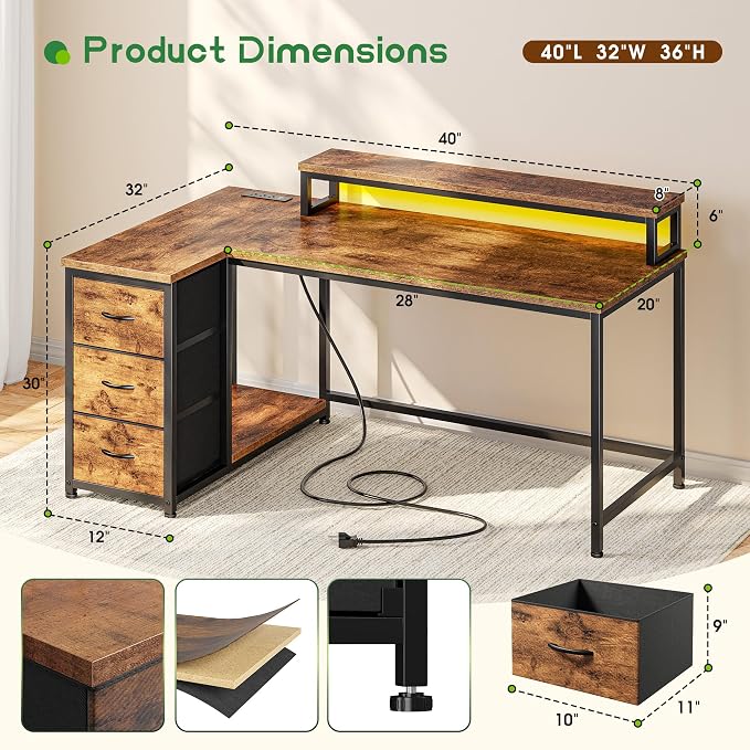 EnHomee 40''L Shaped Computer Desk with 3 Drawers & Monitor Stand, Small Gaming Desk with Power Outlet & LED Lights, Corner Desk for Gaming, Home Office, Study Room, Rustic Brown